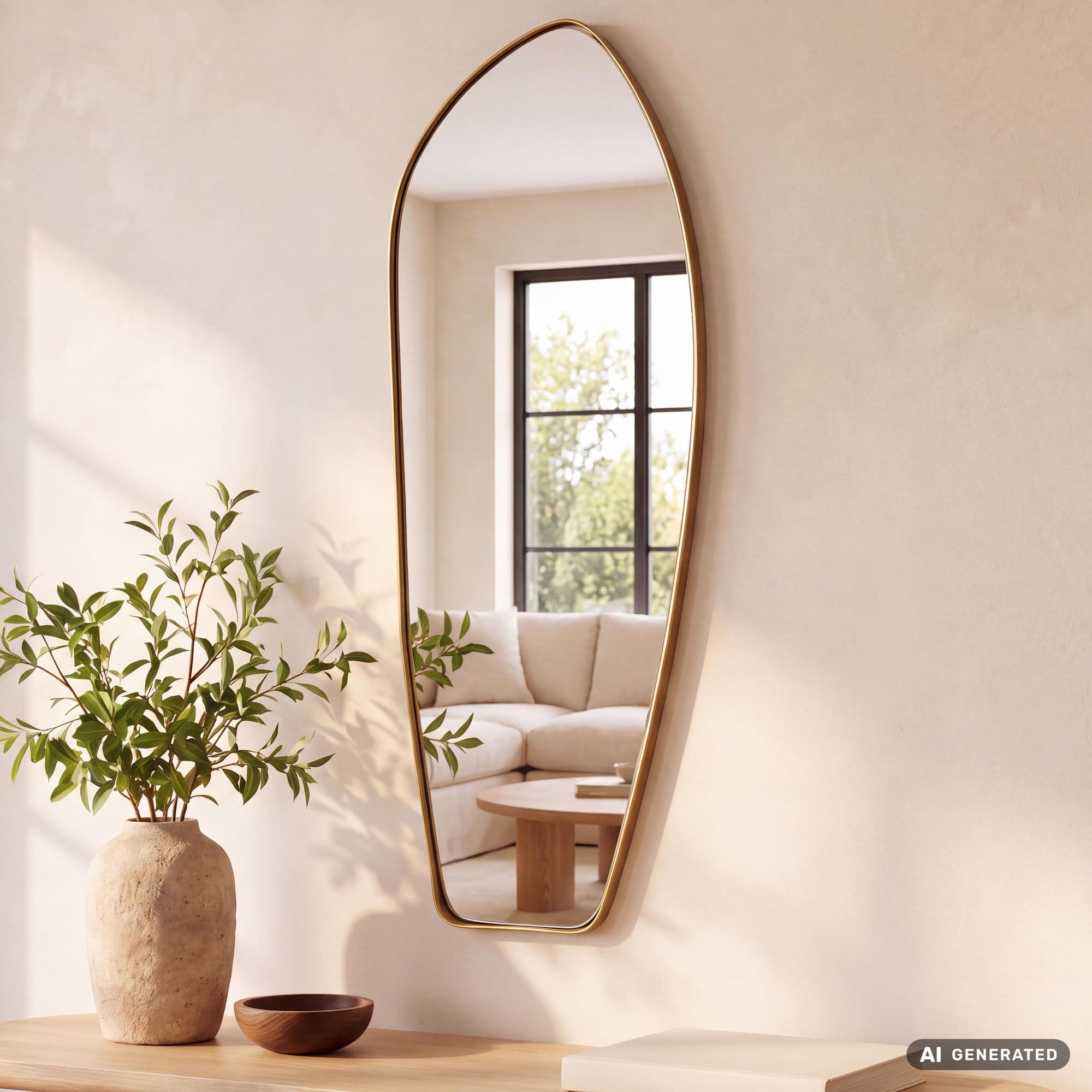 Finebuy Design Wandspiegel Organische Form 90 Cm Moderner Unregelmäßiger Rahmenloser Spiegel Asymmetrisch Gold, Badezimmer, Schlafzimmer, Eingangsbereich, Flur
