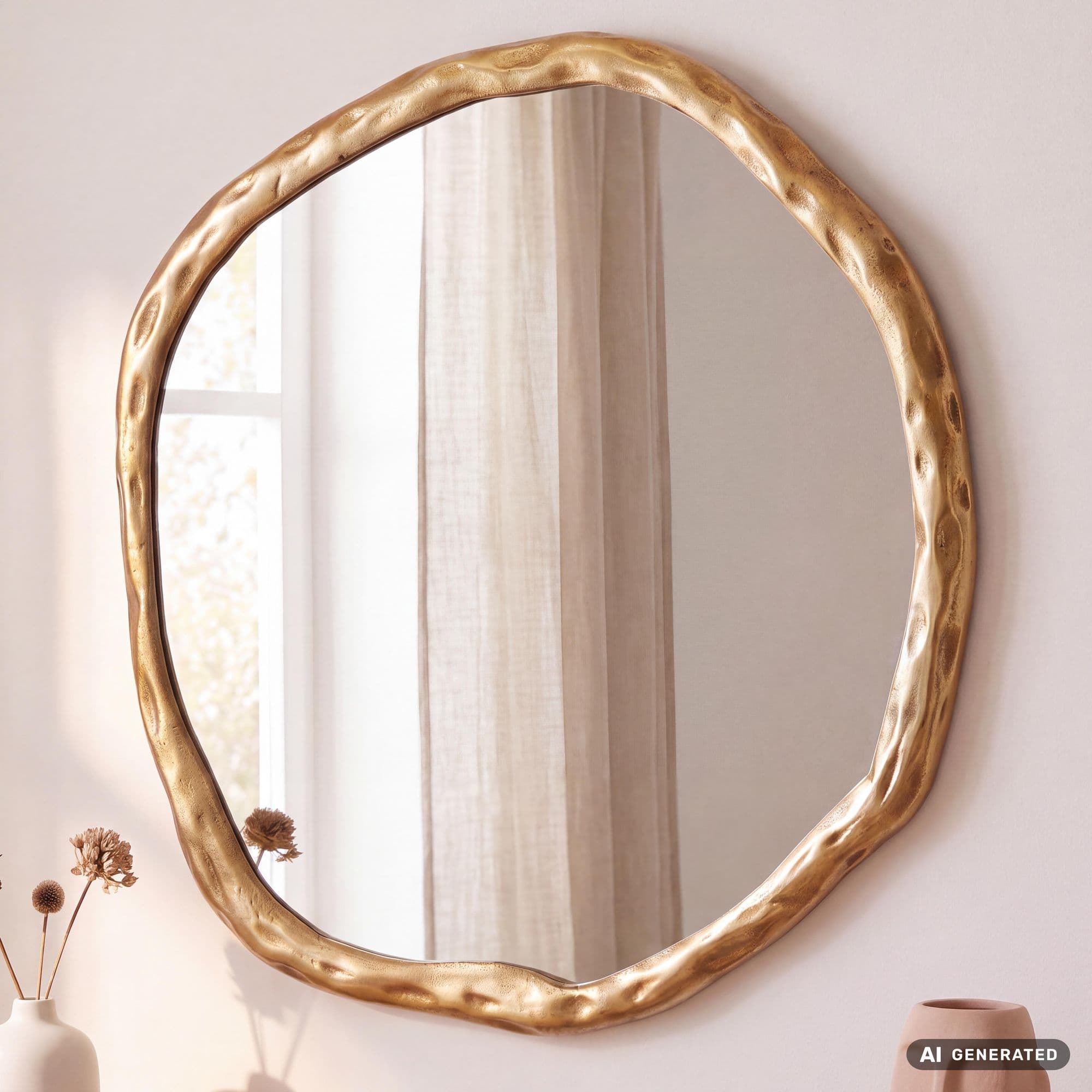 Finebuy Wandspiegel Asymmetrisch 60x60 Cm Metall Design Hängespiegel Gold, Aluminium Dekospiegel Unförmig Mit Rahmen, Spiegel Wand Groß, Flurspiegel Garderobenspiegel Modern