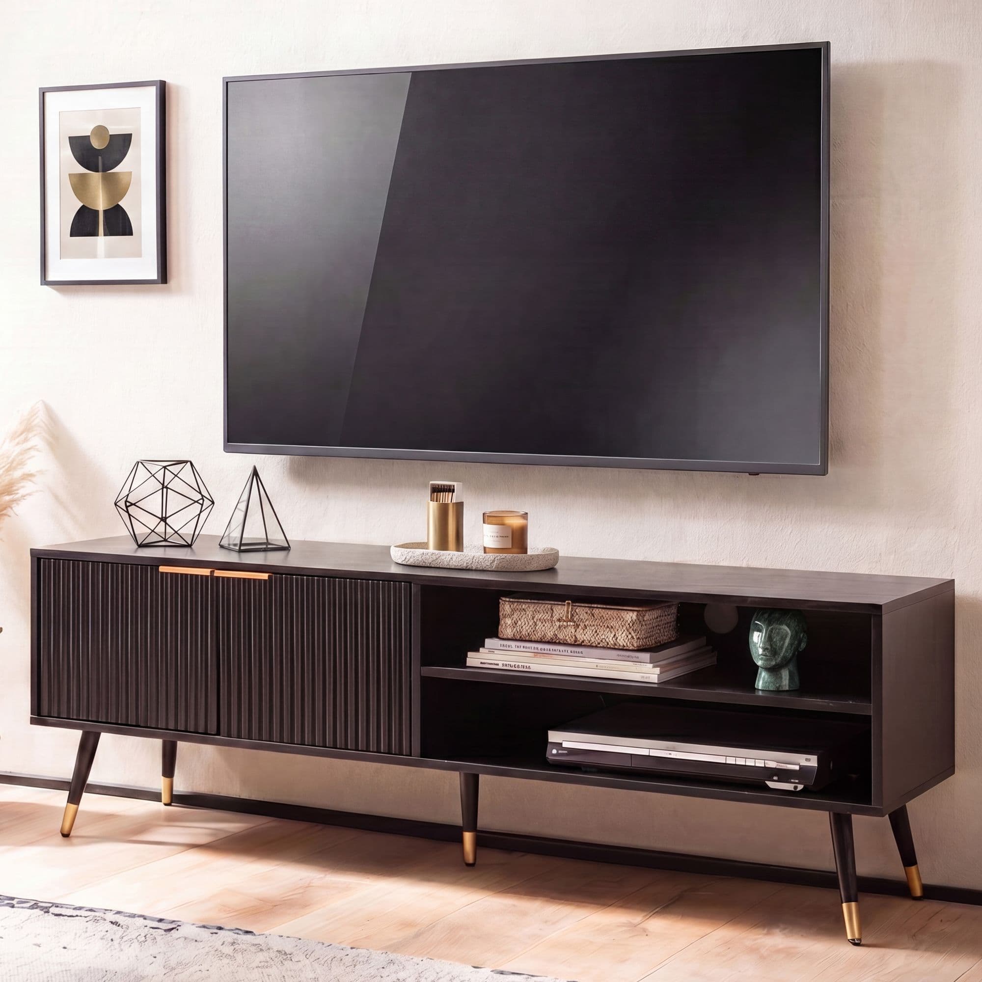 Finebuy Lowboard Schwarz Mit Eiche-Dekor 150x51x39 Cm Tv-Kommode Modern, Design Tv-Schrank Hoch, Fernsehtisch Fernsehschrank Mit Türen & Ablagefächern, Fernsehkommode Wohnzimmer