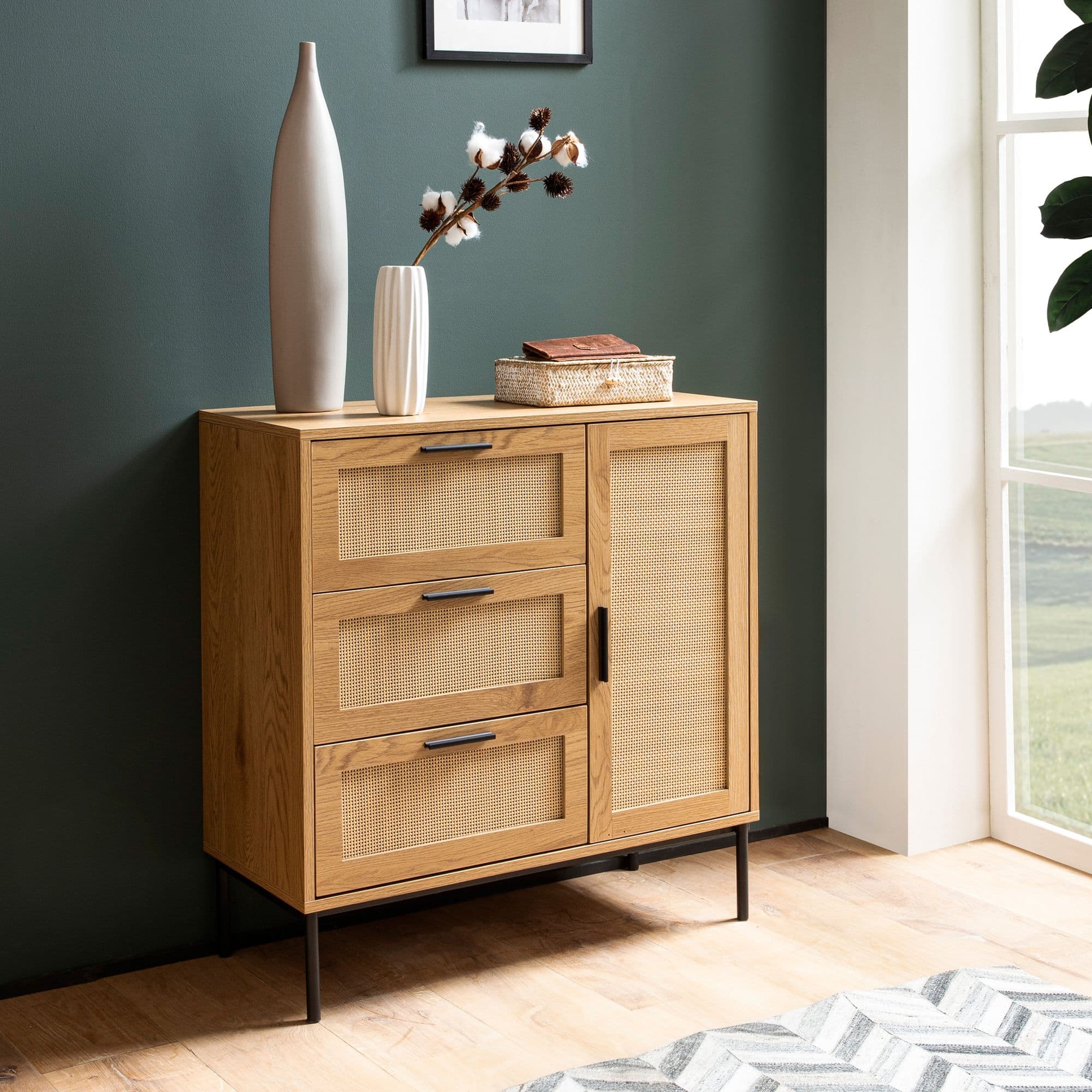 Kommode In Eiche Dekor 80 Cm Sideboard Mit 3 Schubladen & 1 Tür Aus Wiener Rattan Geflecht Design Highboard - Schubladenkommode