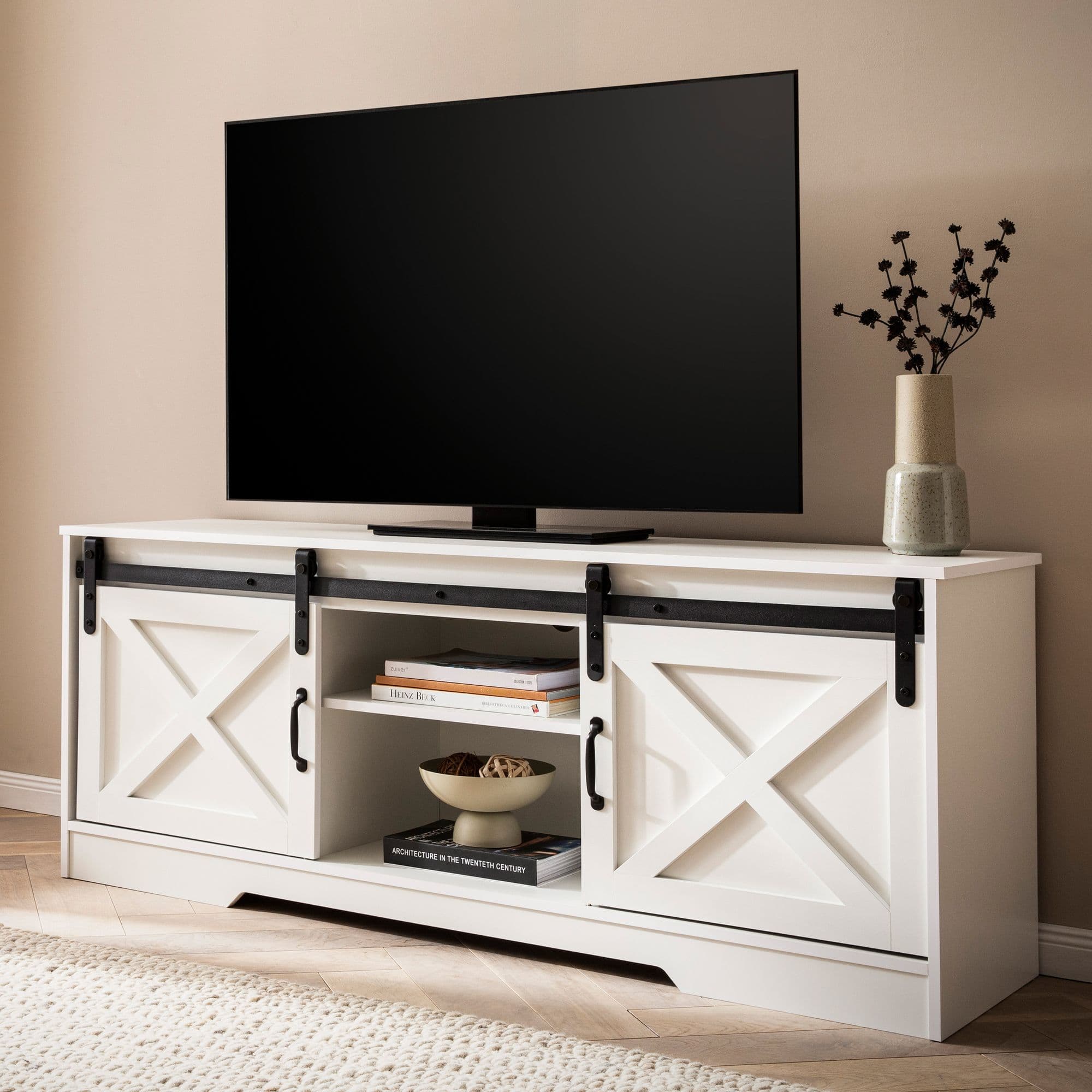 Finebuy Lowboard Weiß 150x59,5x39,5 Cm Tv-Kommode Landhaus-Stil Modern, Design Tv-Schrank Hoch, Fernsehtisch Fernsehschrank Mit Zwei Schiebe-Türen, Fernsehkommode Wohnzimmer