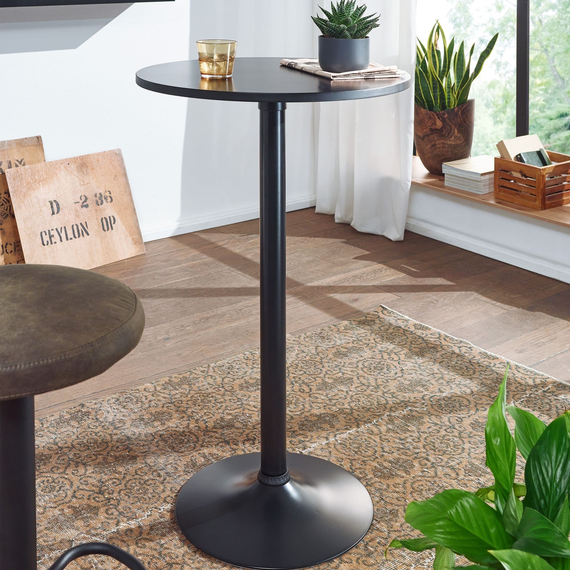 Finebuy Design Bartisch Schwarz Stehtisch Ø 60 Cm Metall / Holz, Partytisch Bistrotisch 100 Cm Hoch, Messetisch Modern