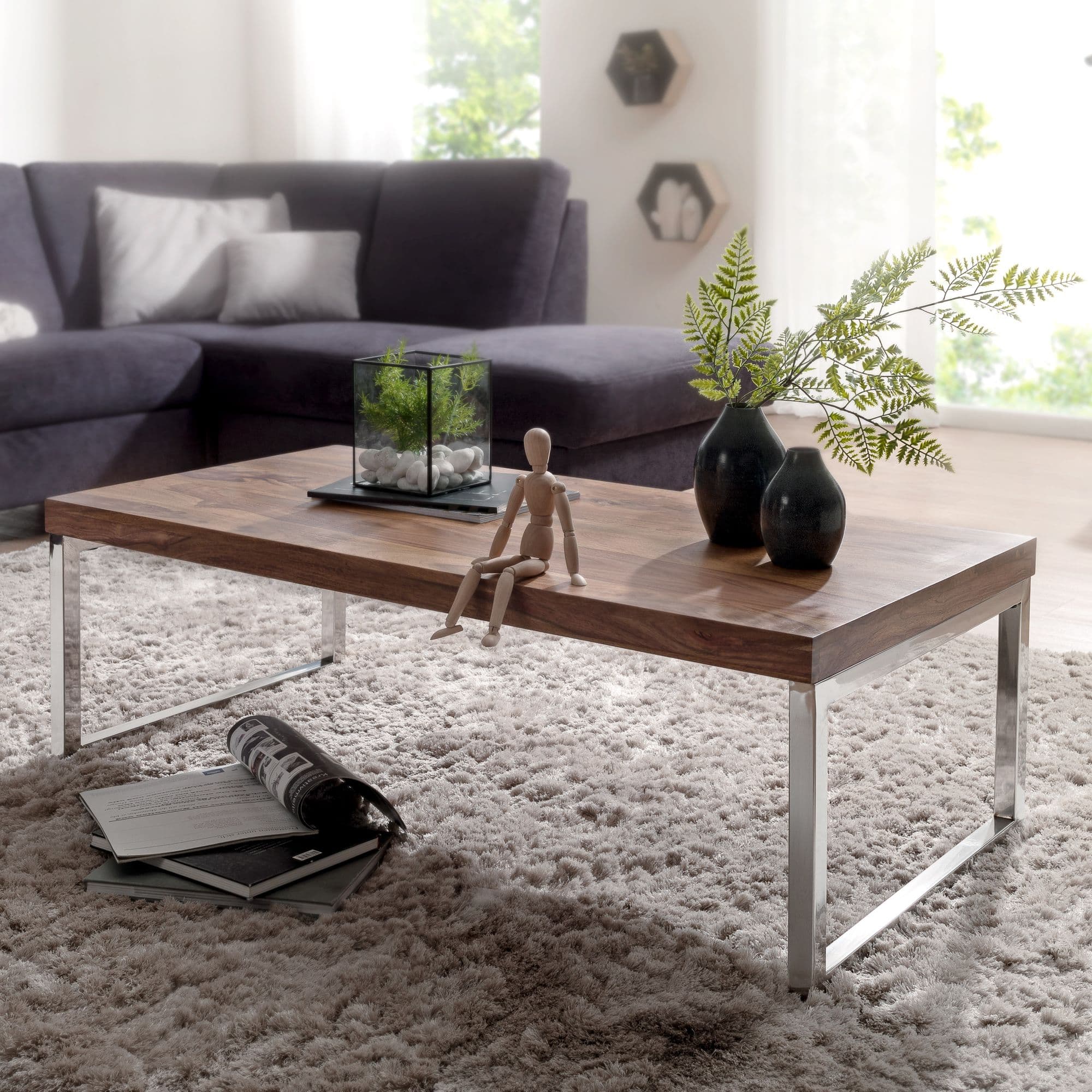 Finebuy Couchtisch 120 X 60 X 40 Cm Sheesham Massiv Holz Tisch, Massiver Design Wohnzimmertisch Aus Massivholz, Beistelltisch Rechteckig Braun