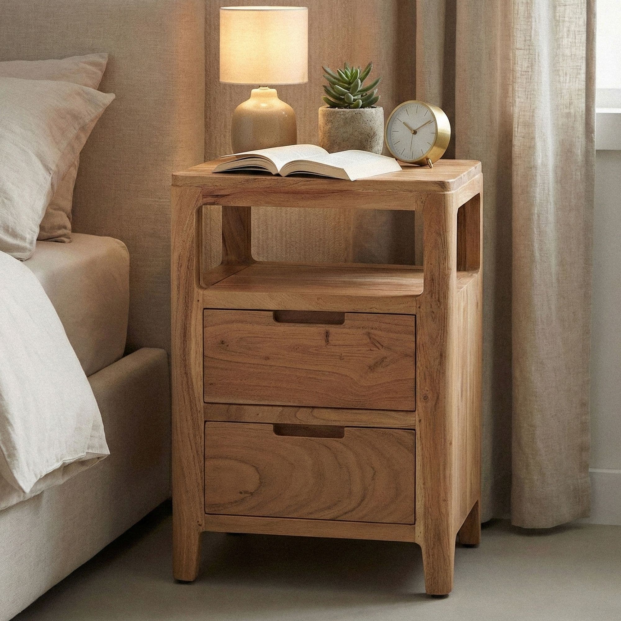 Finebuy Nachttisch Akazie Massivholz 40x60x30 Cm - Nachtkonsole Mit Zwei Schubladen Und Offenen Ablageflächen - Massivholz Nachtkästchen Boxspringbett - Nachtschrank Nachtkommode Schlafzimmer