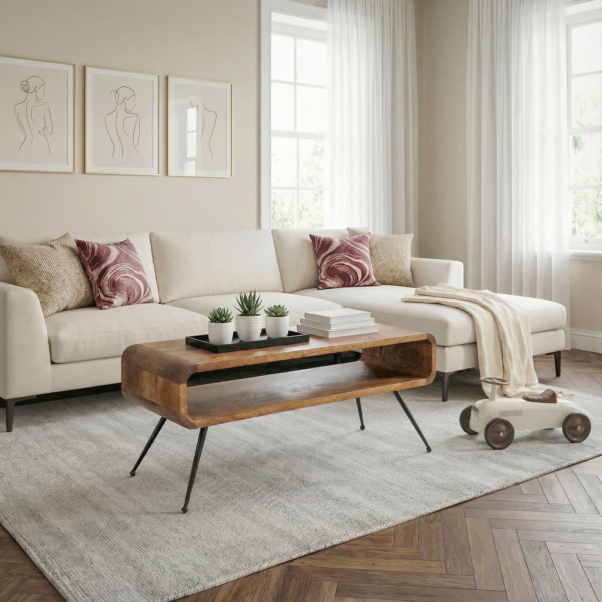 Finebuy Couchtisch Mango Massivholz Metall 105cm - Design Wohnzimmertisch Mit Ablagefach - Rechteckiger Sofatisch Retro - Loungetisch Holz - Natur Beistelltisch Handmade