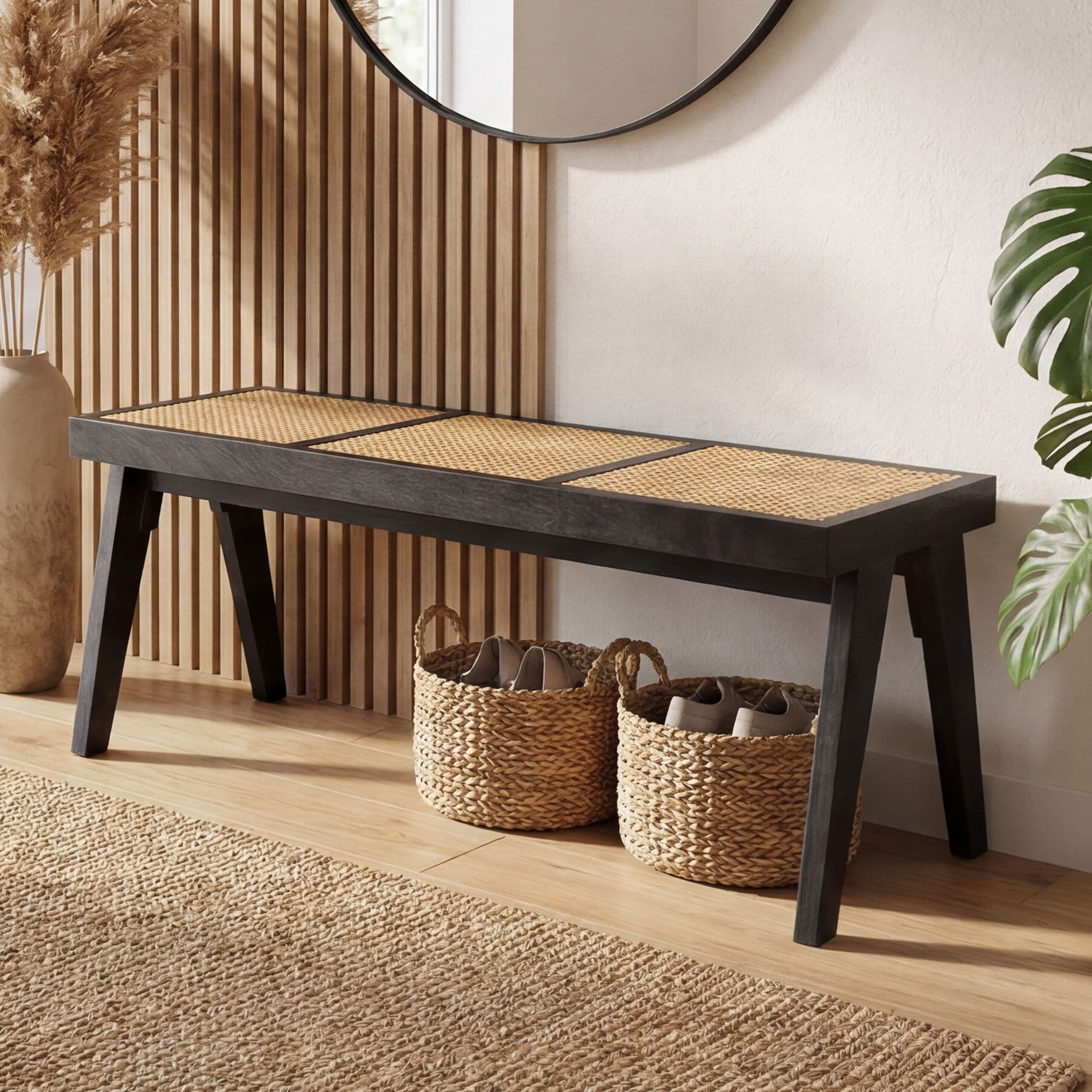 Finebuy Sitzbank Rattan Akazie Massivholz 120cm Schwarz - Design Holzbank Wiener Geflecht - Bettbank Flurbank Retro - Esszimmerbank Bank Handmade