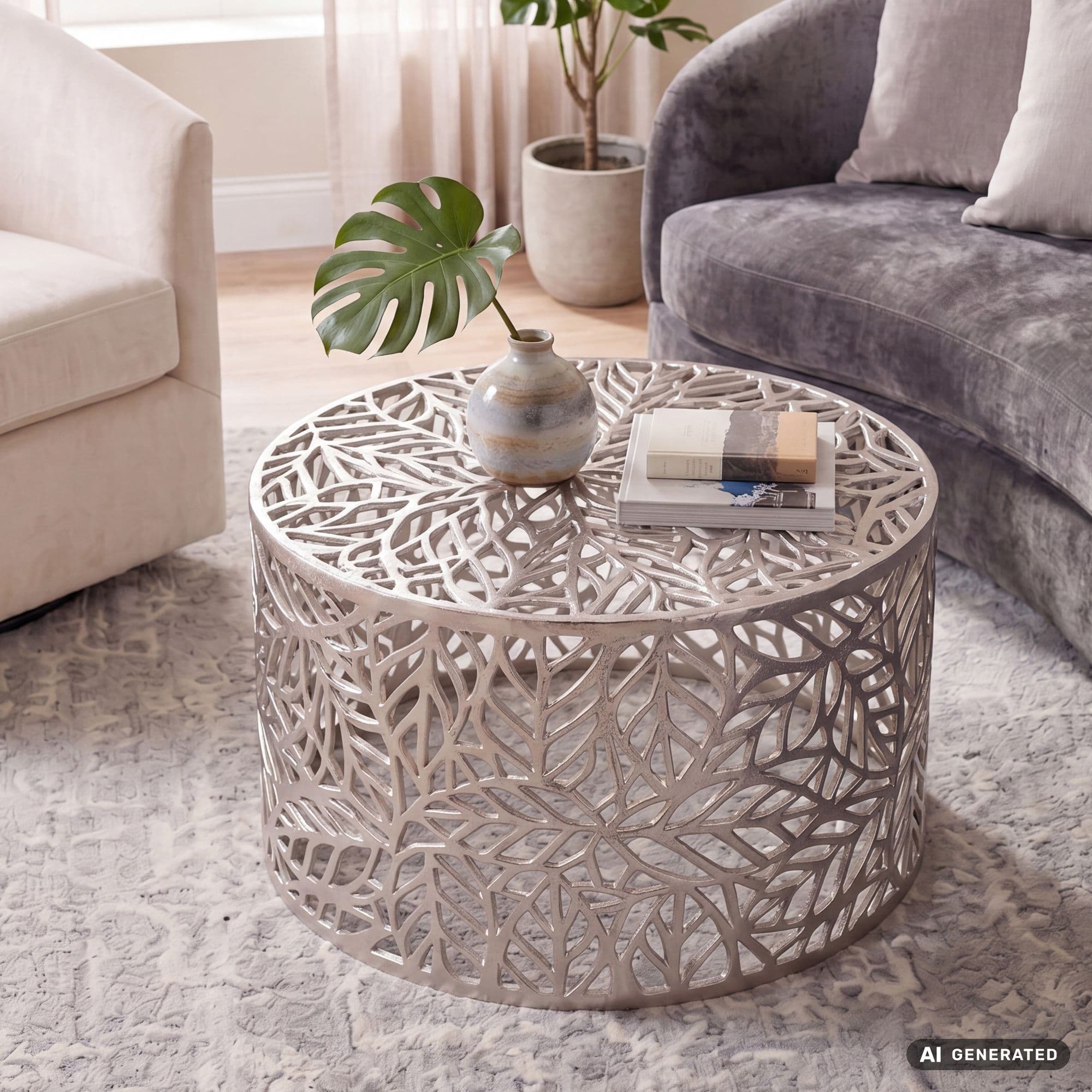Finebuy Couchtisch Aluminium 60cm Rund Sofatisch Metall - Wohnzimmertisch Alu Modern Mit Blattmuster - Design Tisch Niedrig - Loungetisch Beistelltisch Handgefertigt