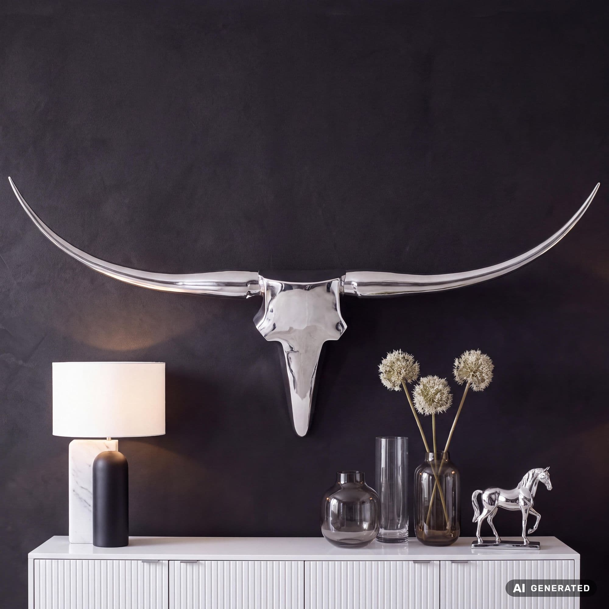 Finebuy Deko Geweih Bull M Fb37875 Silber 100 Cm Aluminium Design Hörner, Wanddekoration Stierkopf Horn Modern, Wandskulptur Geweih-Jagdtrophäe Metall, Longhorn Wandschmuck Groß