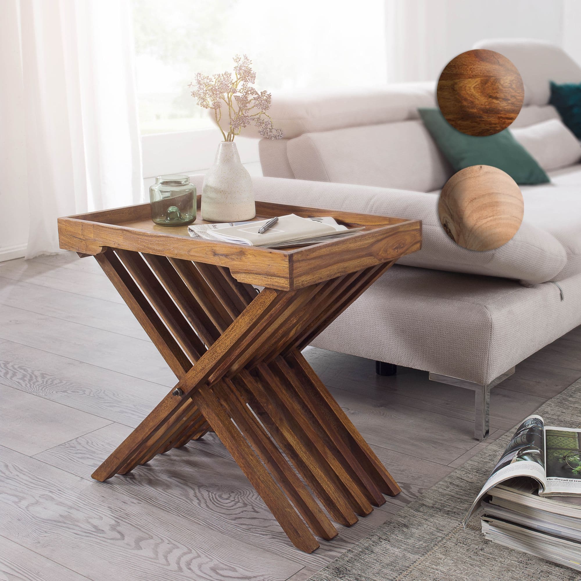 Finebuy Beistelltisch Massivholz Design Klapptisch Serviertablett Und Tisch-Gestell Klappbar Landhaus-Stil Couchtisch Echt-Holz Natur-Produkt