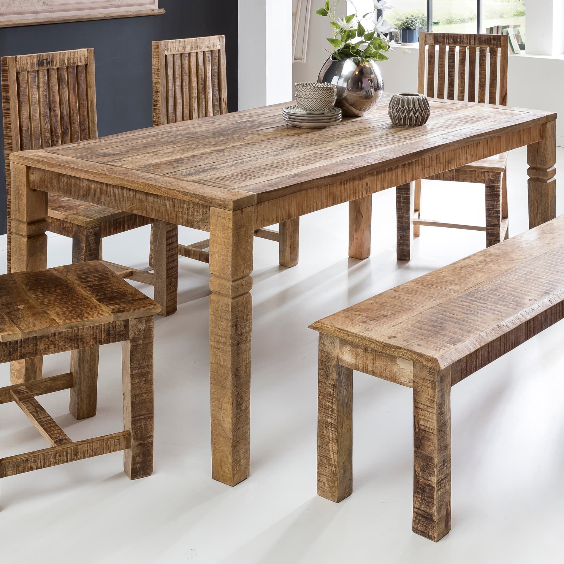 Finebuy Esstisch 120cm Rechteckig Massivholz Mango Natur - Massiver Esszimmertisch - Rustikaler Küchentisch - Echtholztisch Für 4-6 Personen Landhaus Holztisch