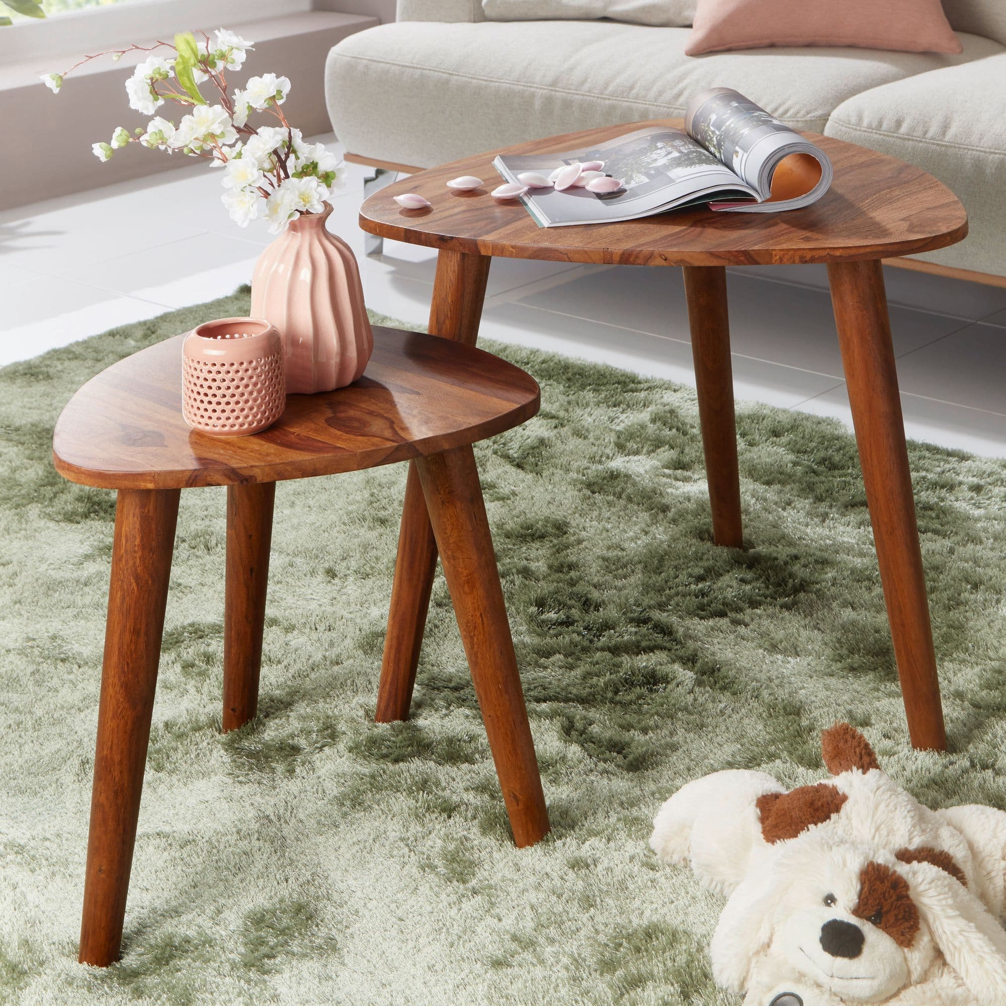 Finebuy Design Satztisch Fb51391 Sheesham Massivholz Beistelltisch 2er Set Klein, Couchtisch Set 2 Holz Tische, Massivholz Wohnzimmertisch, Schmaler Sofatisch Ablagetisch