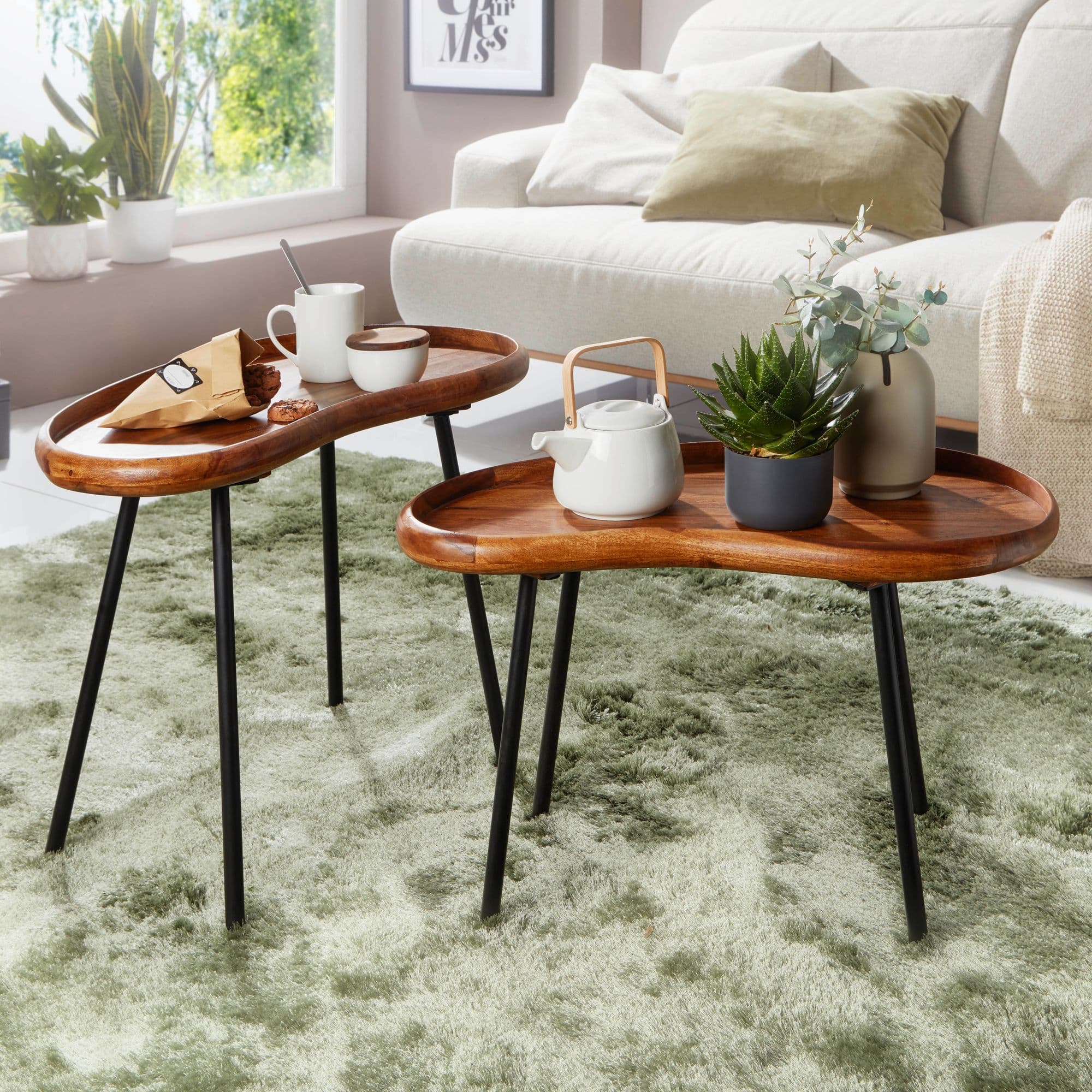 Finebuy Couchtisch Set Fb52620 Sheesham Massiv Satztisch Nierenform Mit Metallbeinen, Wohnzimmertische Massivholz, Kleine Nierentische Echtholz, Stubentische Holz, Beistelltisch-Set Modern
