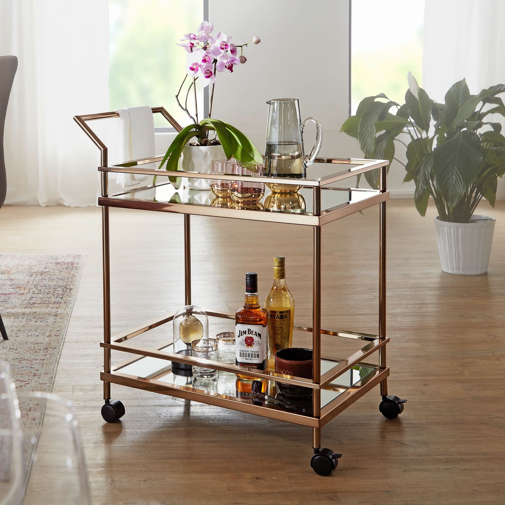 Finebuy Design Servierwagen Dunkles Gold 2 Ebenen Mit Bremsen, Beistelltisch Auf Rollen, Speisewagen Mit Glasplatte, Küchenwagen, Teewagen