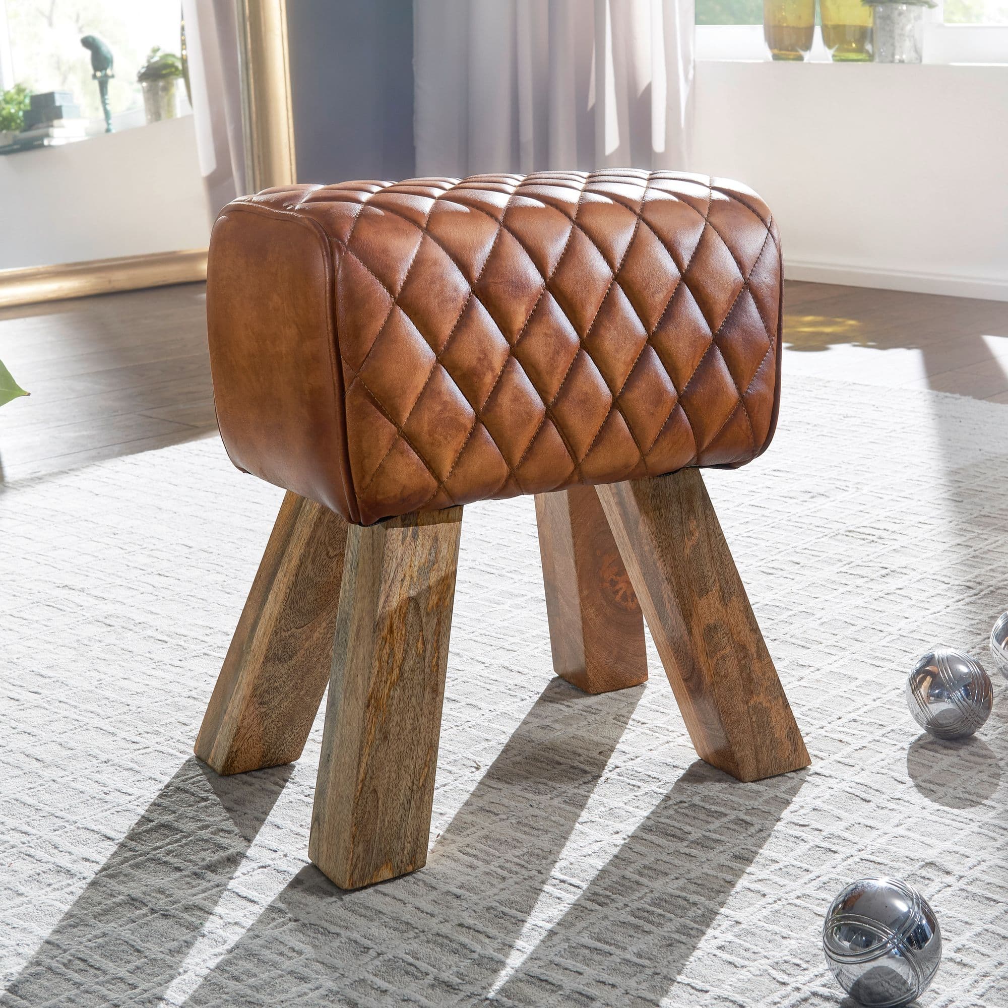 Finebuy Sitzhocker Echtleder / Massivholz 40x48x27 Cm Modern Fußhocker, Turnbock Lederhocker Braun, Kleiner Hocker Gepolstert, Holzhocker Mit Leder-Bezug