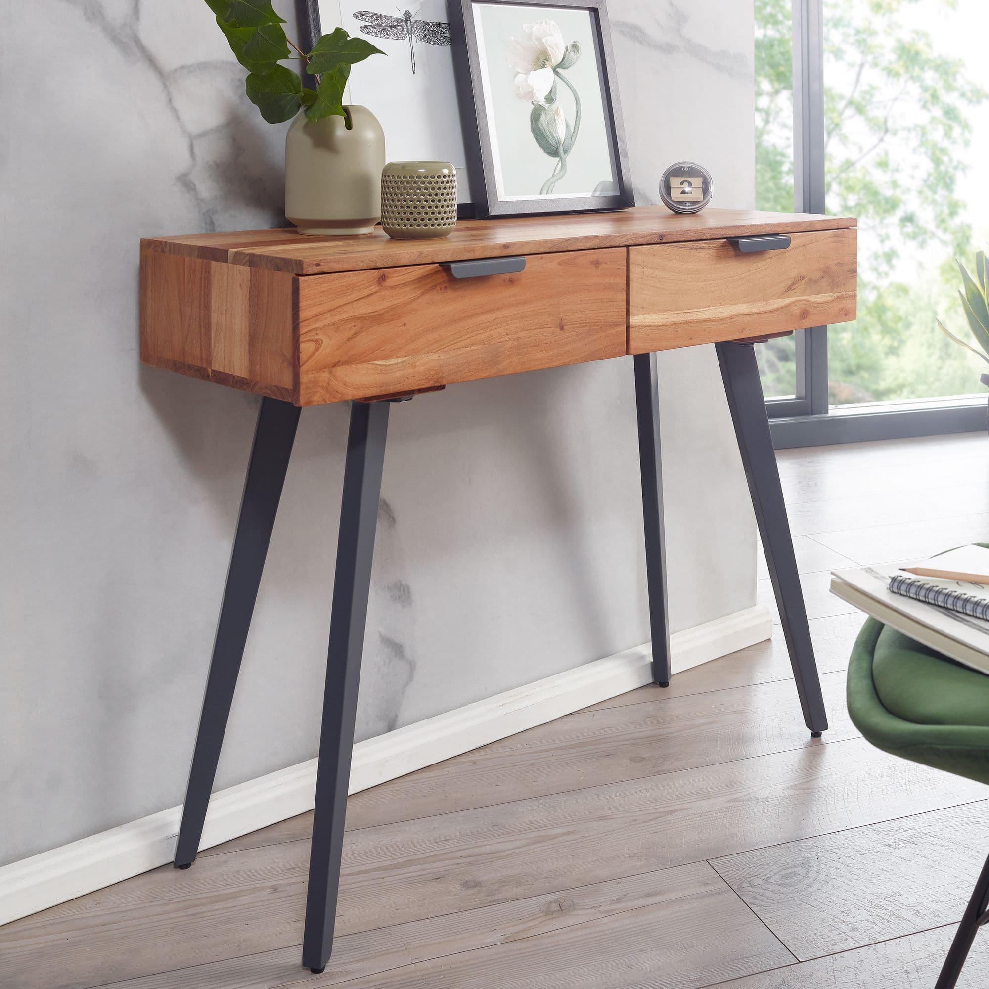 Finebuy Konsolentisch 90 X 78 X 36 Cm Akazie Massivholz / Metall Konsole Mit Schubladen, Kleiner Schreibtisch Mit Metallbeinen, Schminktisch Anrichte Modern, Flurtisch Massiv