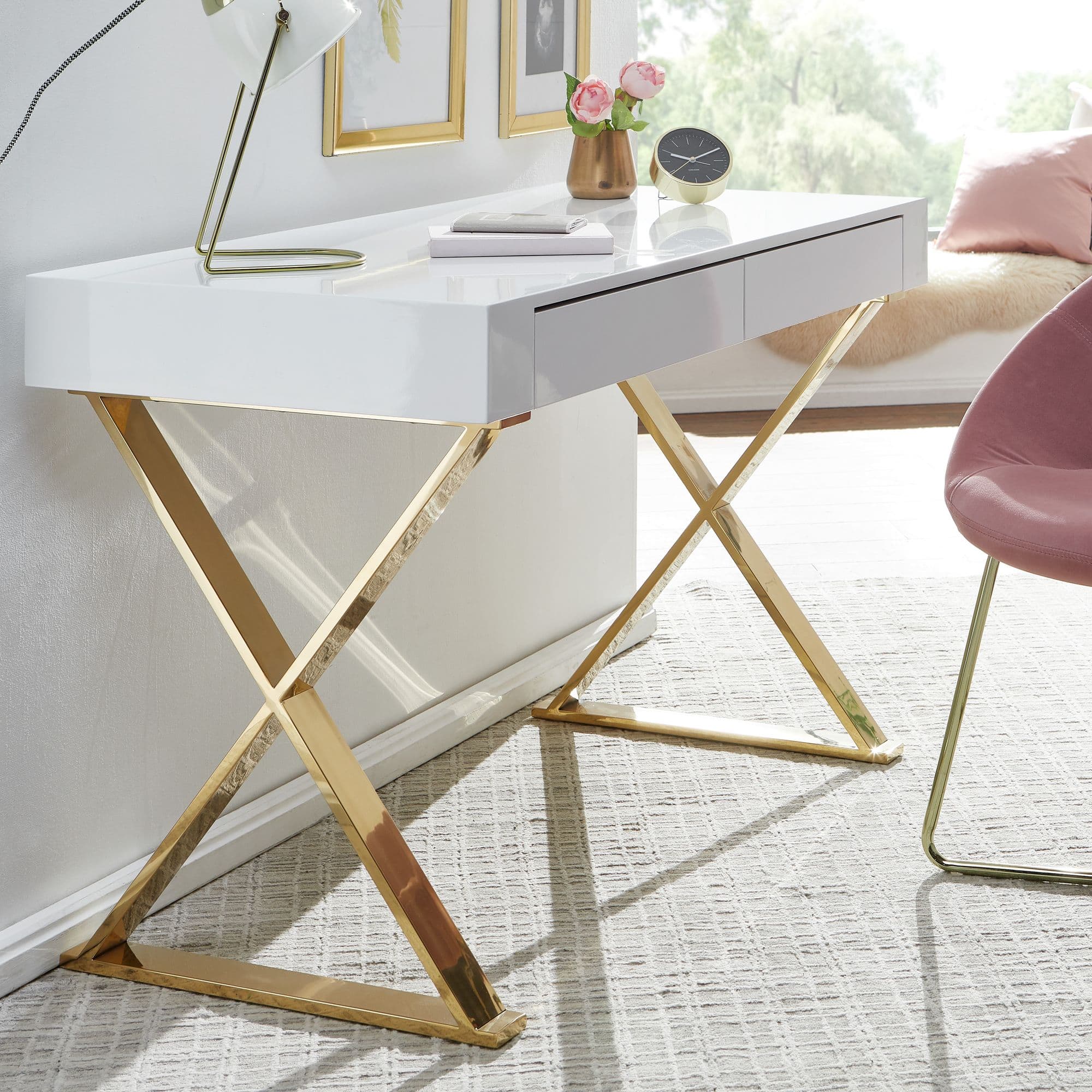 Finebuy Schreibtisch 118x76x57 Cm Holz Hochglanz Weiß Metallbeine Golden, Design Computertisch Pc-Tisch Bürotisch Modern, Konsolentisch Schubladen