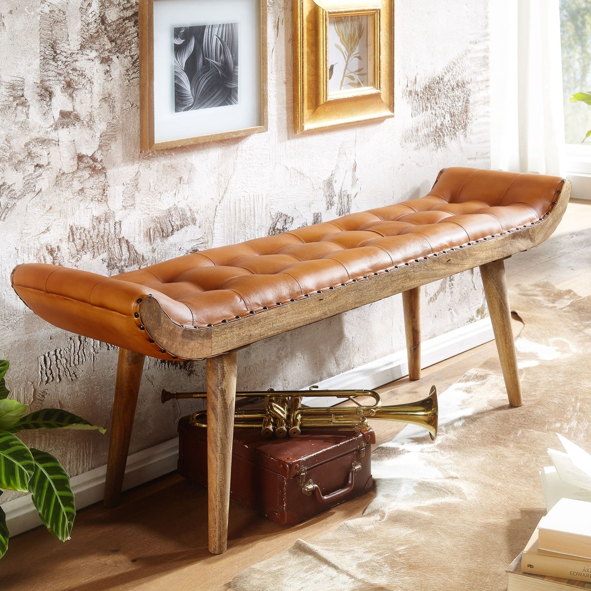 Finebuy Sitzbank Echtleder / Massivholz Bank Braun 125x50x38 Cm Chesterfield, Design Polsterbank Flur, Lederbank Bettbank 2 Personen, Flurbank Modern