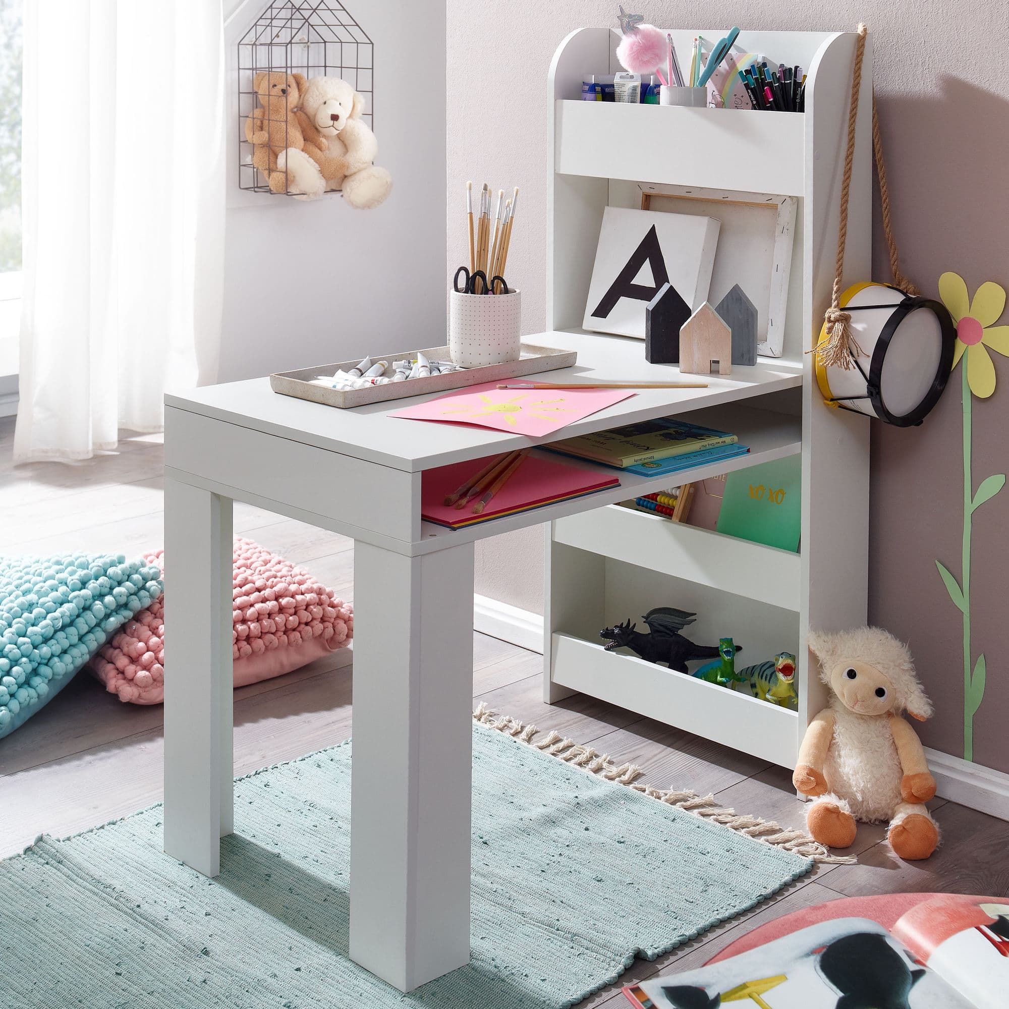 Finebuy Kinderschreibtisch Weiß 90x50x110 Cm Maltisch Kinderzimmer Mit Regal, Kindertisch Modern, Schülerschreibtisch Mit Stauraum, Schultisch Schmal