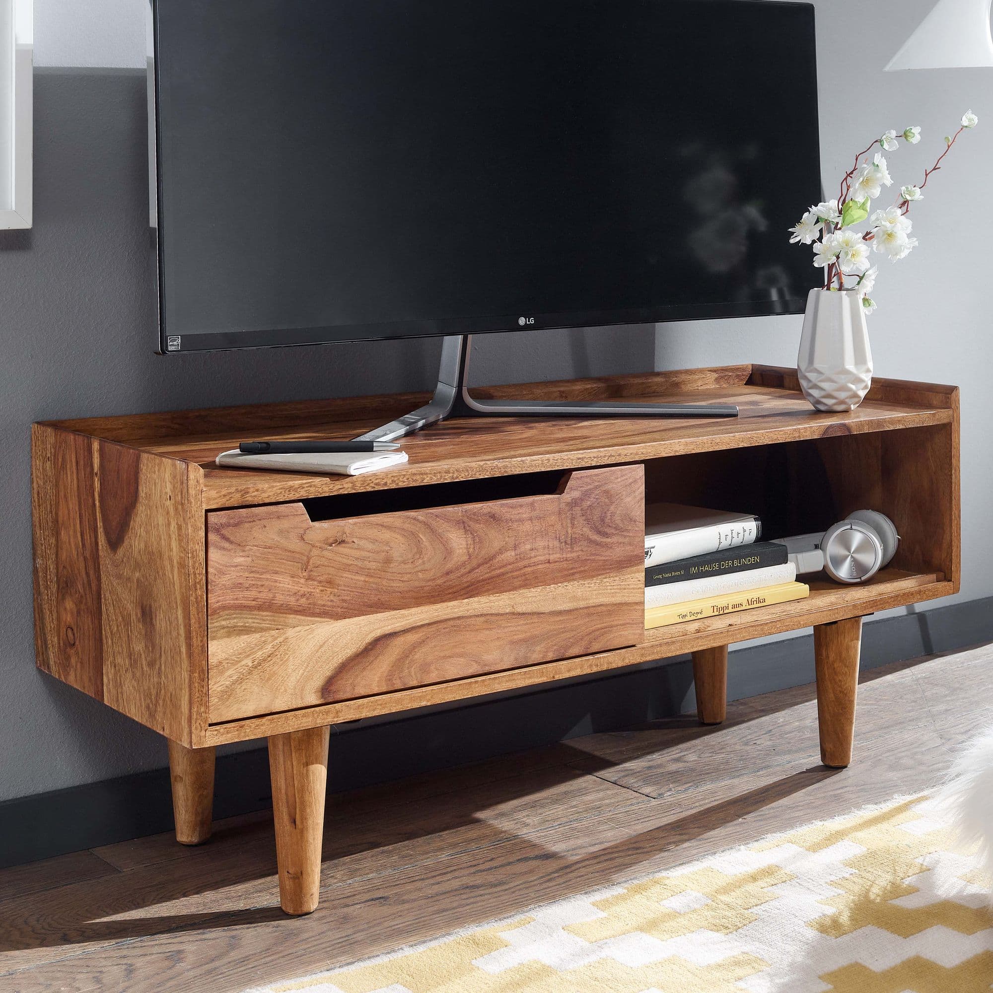 Finebuy Lowboard Sheesham Massivholz 95x44x34 Cm Tv-Kommode Mit Schiebetür, Design Tv-Schrank Hoch, Fernsehtisch Fernsehschrank Modern, Fernsehkommode Wohnzimmer