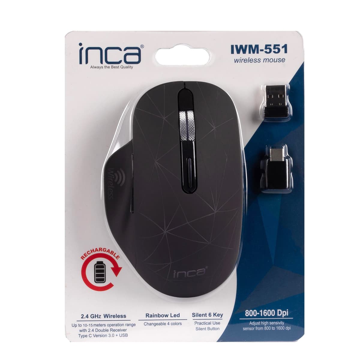 Inca Wrls Maus 1600dpi/7tasten/Led/Usb-A/-C/Micro-B Sw Retail