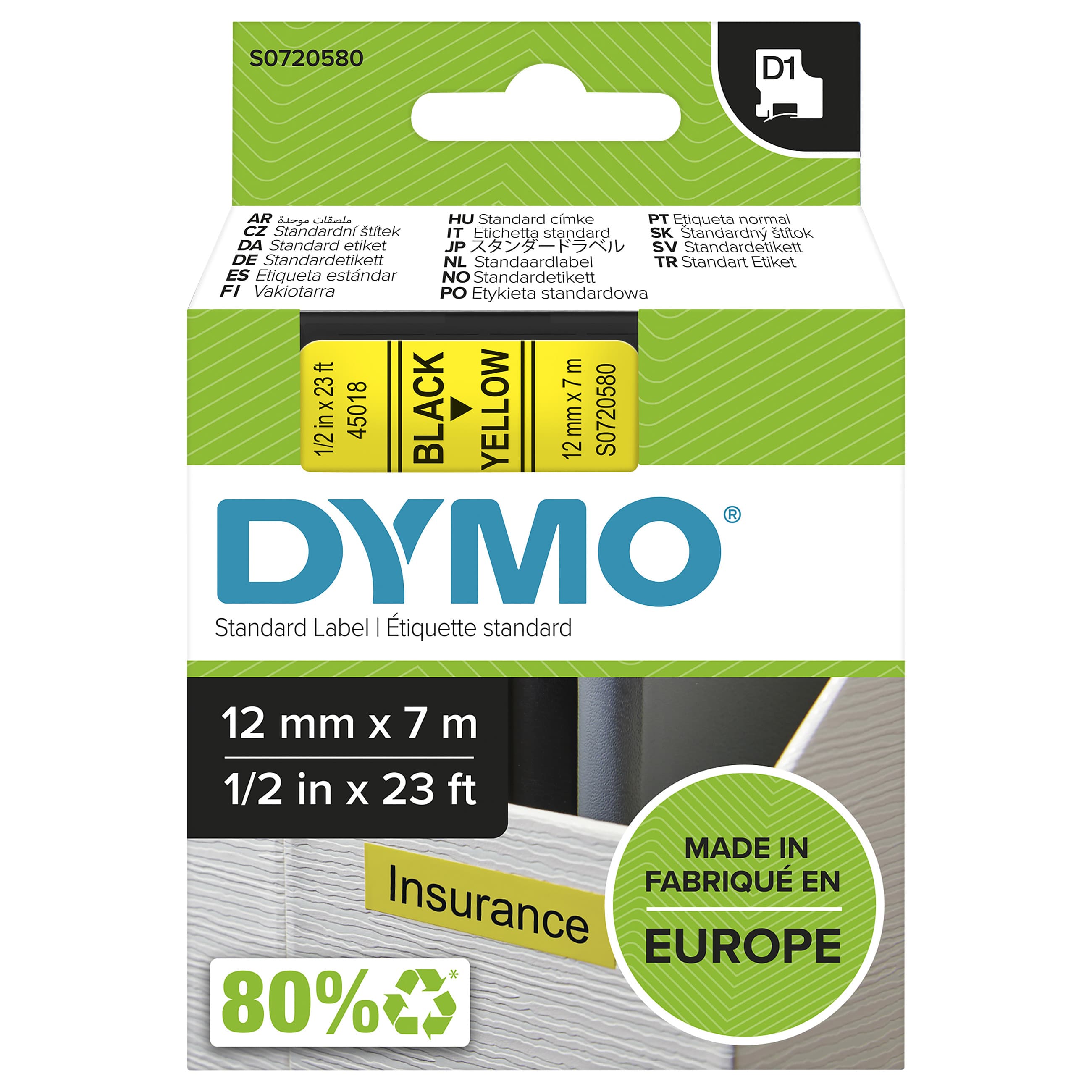 Dymo D1 Standard - Black On Yellow - 12mm Label-Making Tape