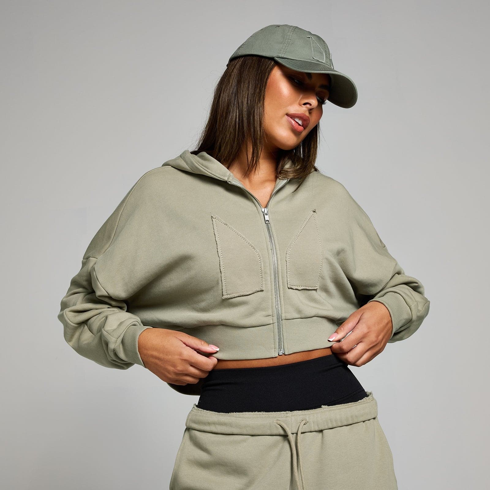 Mp Damen Applique Kapuzenpulli Mit Verkürztem Schnitt Mit Reißverschluss – Dunkler Salbei - Xxl