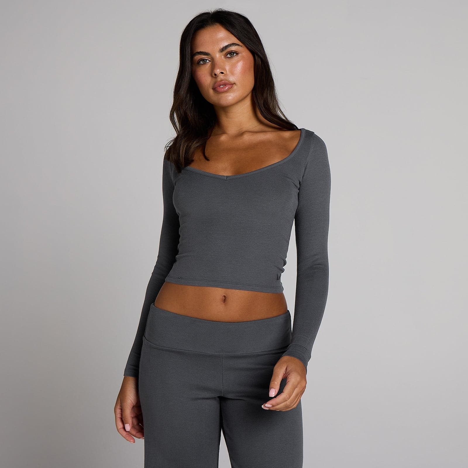 Mp Damen V-Ausschnitt Langarmshirt Mit Rippung - Robust-Grau - Xs