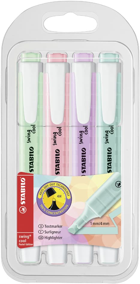 Stabilo Textmarker Swing Cool Pastel Edition, 4er Pet-Etui