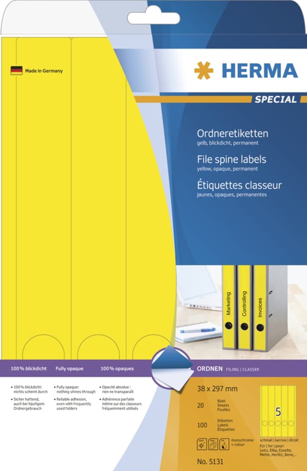 Herma Ordnerrücken-Etiketten Special, 38 X 297 Mm, Gelb