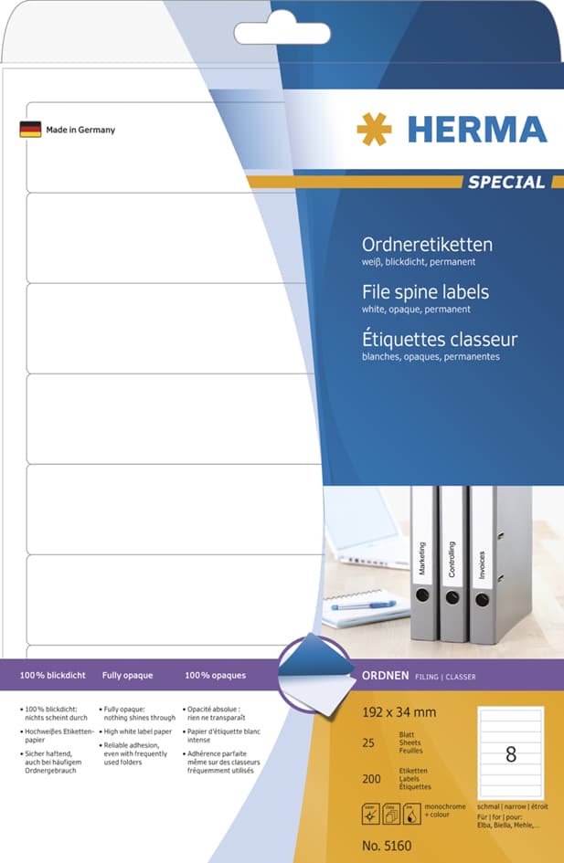 Herma Ordnerrücken-Etiketten Special, 192 X 34 Mm, Weiß