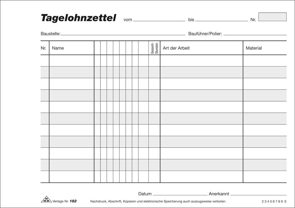 Rnk Verlag Vordruck , Tagelohnzettel, , Block, Sd, Din A5 Quer