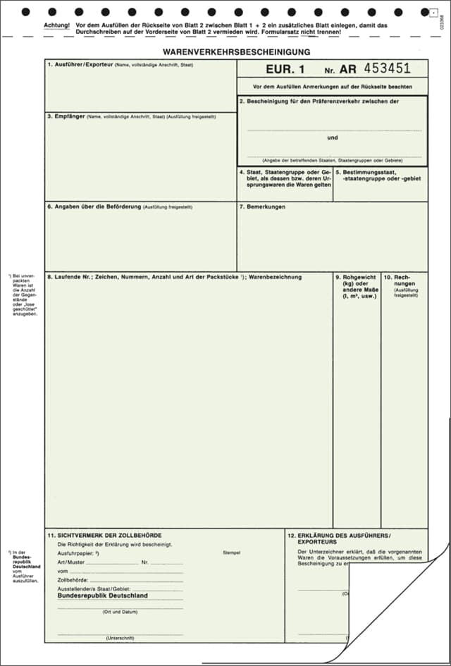Rnk Verlag Vordruck , Warenverkehrsbescheinigung Eur.1, , Sd
