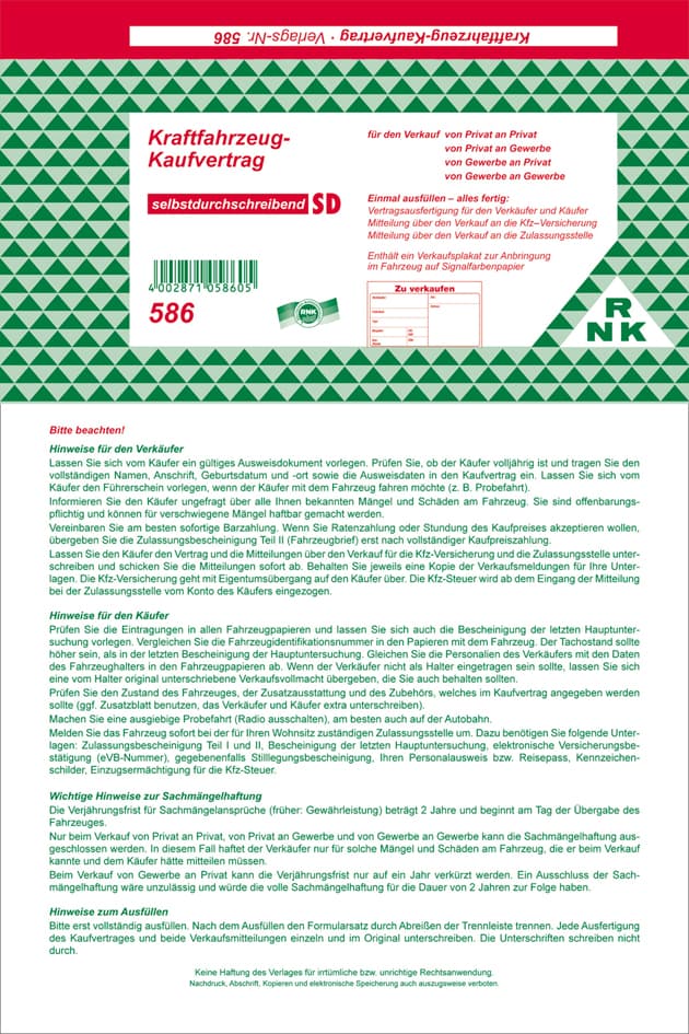 Rnk Verlag , Kaufvertrag Für Ein Gebrauchtes Kraftfahrzeug,