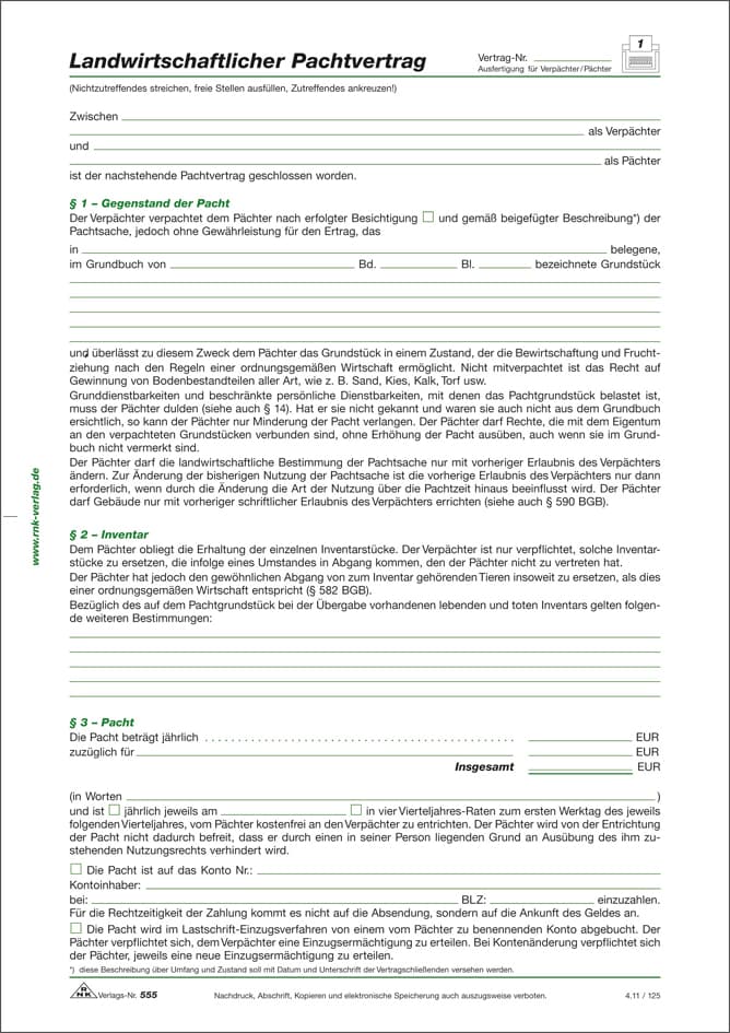Rnk Verlag Landwirtschaftlicher Pachtvertrag, 4-Seitig