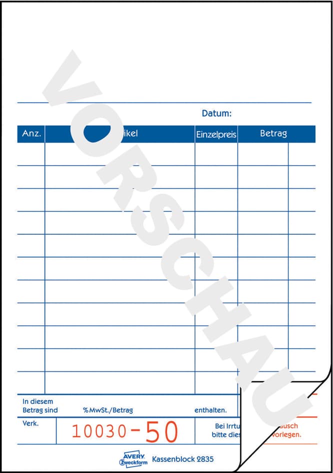 Avery Zweckform Formularbuch , Kassenblock, , 2 X 50 Blatt