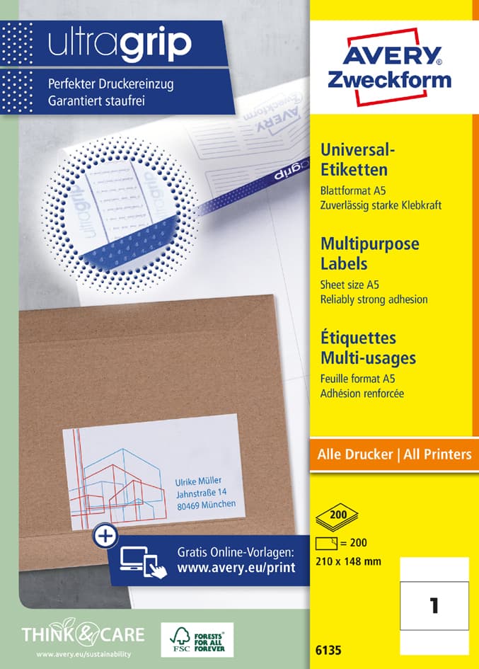 Avery Zweckform Universal-Etiketten, 210 X 148 Mm, Weiß, A5