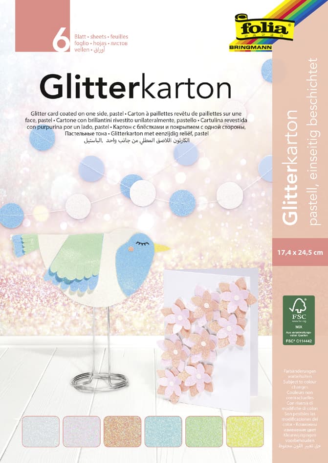 Folia Glitterkarton-Block , Pastell, , 170 X 245 Mm, 300 G/Qm