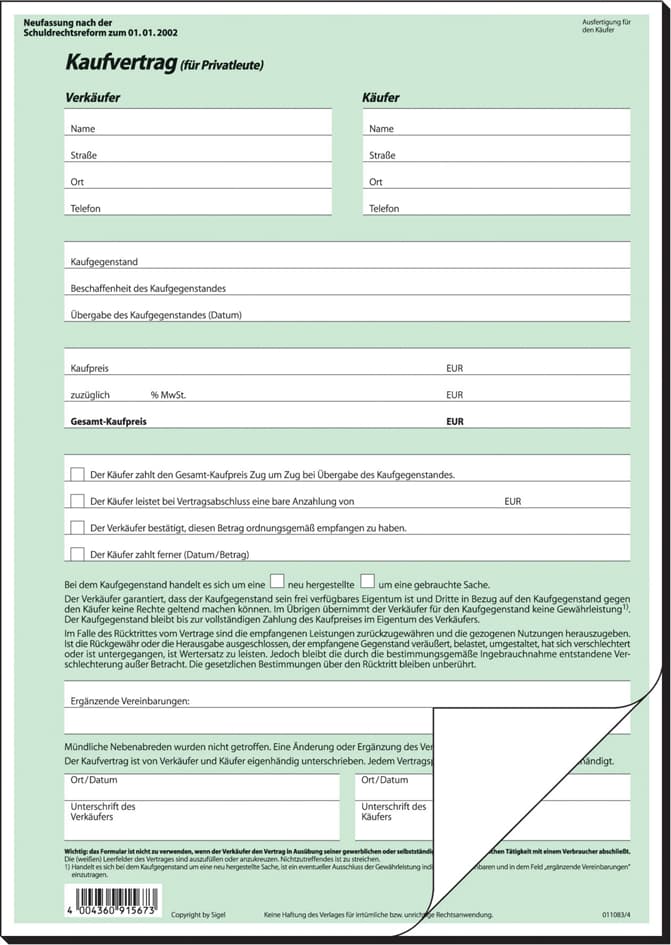 Sigel Vordruck , Kaufvertrag Allgemein, , A4, Sd, 2-Fach