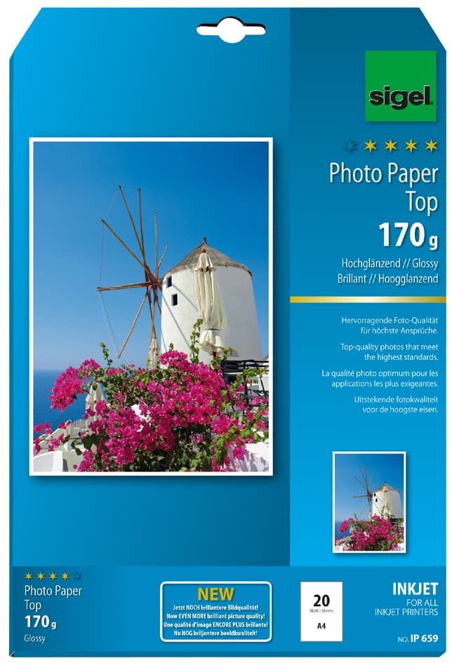 Sigel Inkjet-Top-Foto-Papier, Din A4, Hochglänzend, 125 G/Qm