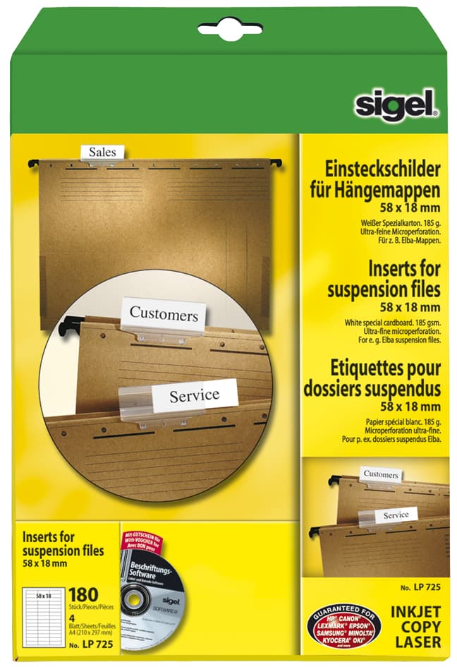 Sigel Pc-Einsteckschilder Für Hängemappen, 58 X 18 Mm, Weiß