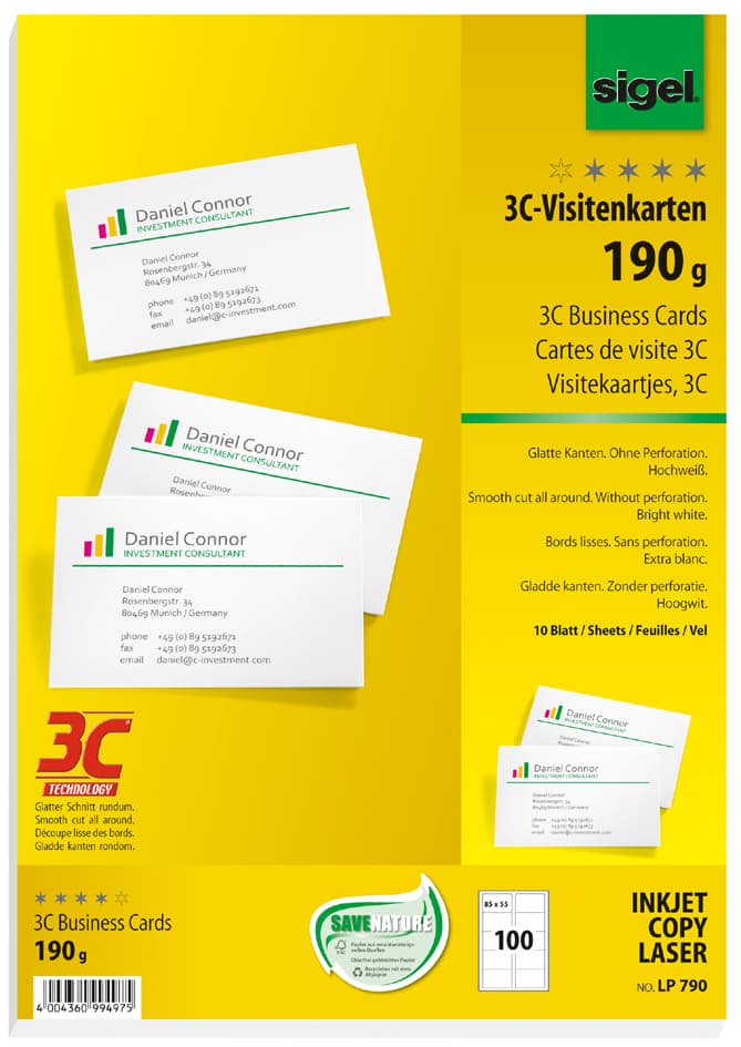 Sigel Pc-Visitenkarten, 85 X 55 Mm, 190 G/Qm, Hochweiß