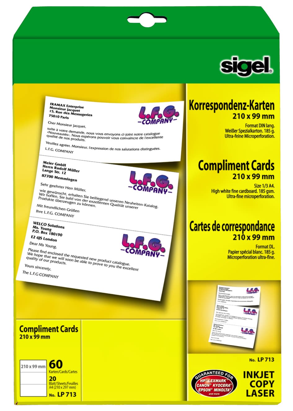 Sigel Pc-Korrespondenz-Karten, Din Lang, Weiß, 185 G/Qm, Mp