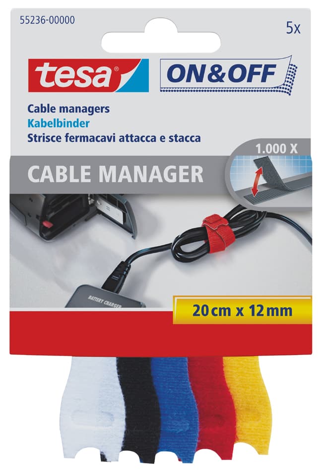 Tesa On & Off Klett-Kabelbinder Cable Manager Small, Farbig