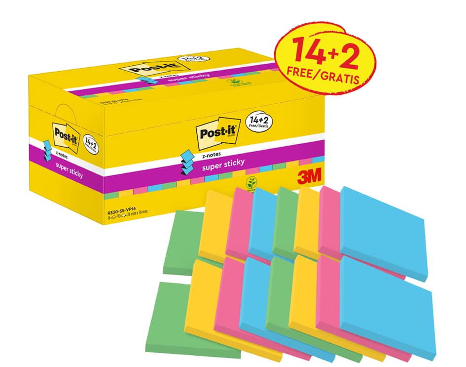 Post-It Haftnotizen Super Sticky Z-Notes, 76 X 76 Mm, 14+2
