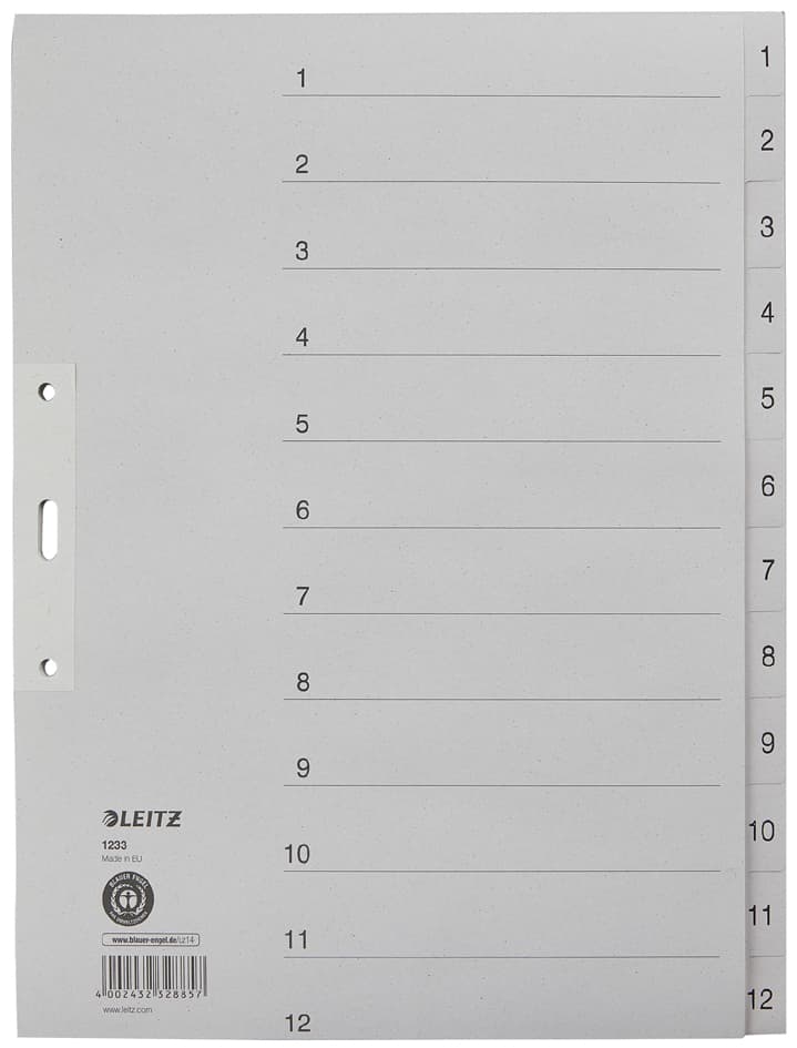 Leitz Tauenpapier-Register, Zahlen, A4 Überbreite, 1-12,Grau