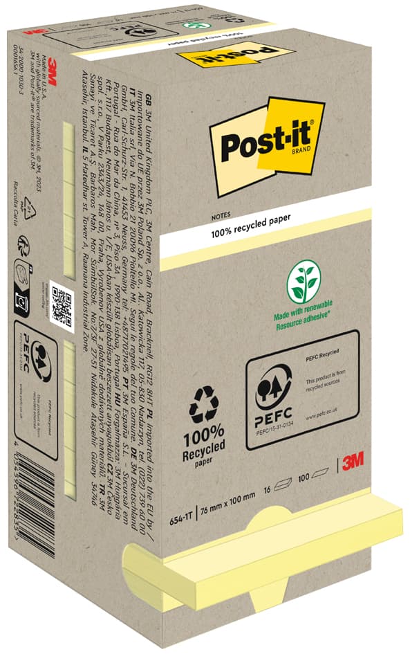 Post-It Haftnotizen Recycling Notes, 51 X 38 Mm, Gelb