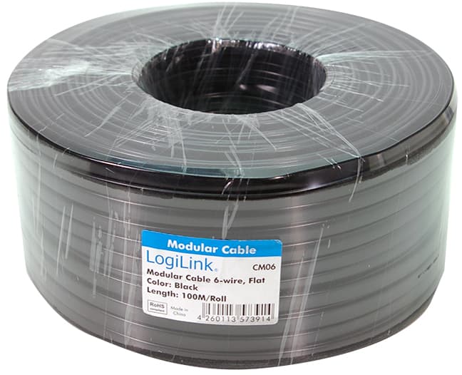 Logilink Telefonkabel, 100 M, 6-Adrig, Flach, Schwarz