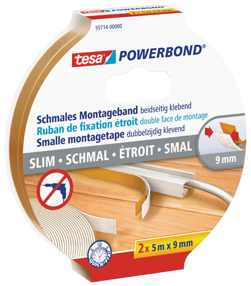 Tesa Powerbond Montageband Schmal, 2 X 9 Mm X 5 M, Weiß