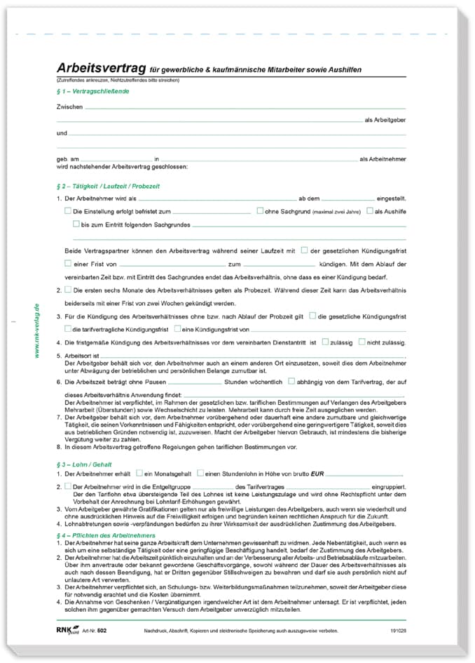 Rnk Verlag Vordruck Arbeitsvertrag Gewerblich/Kaufmännisch