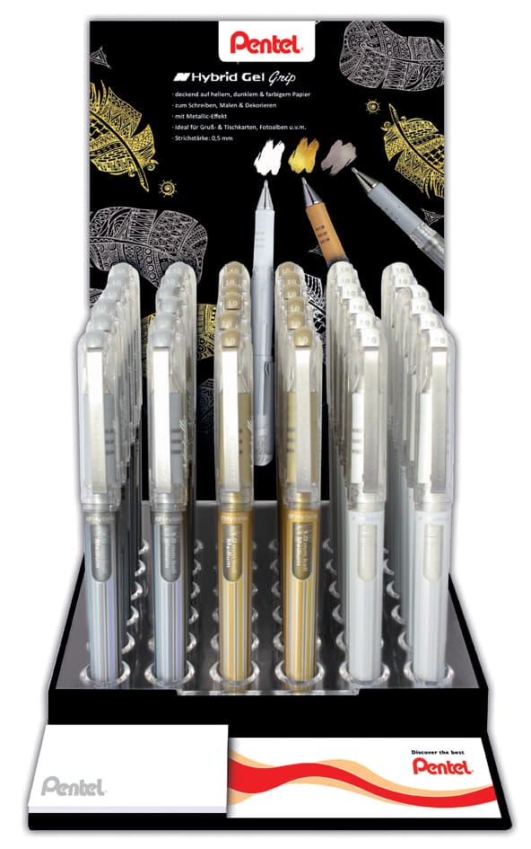 Pentel Gel-Tintenroller K230, Gold, Silber, Weiß, Display